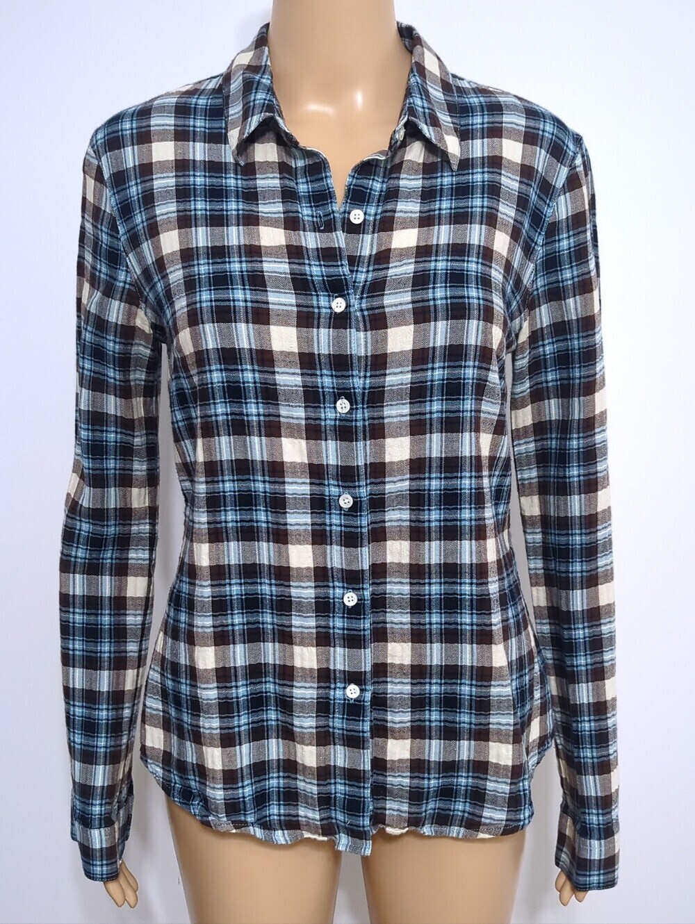 Standard James Perse Tomboy Plaid Flannel Shirt Blue Brown Size 3 - Picture 2 of 11